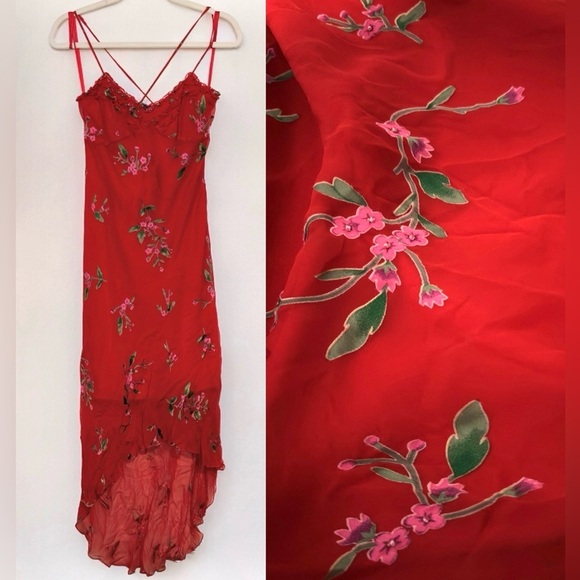 Vintage Sue Wong Asymmetric Burnout Floral Beaded Cross Back High Low Dress Flaw - Picture 1 of 16